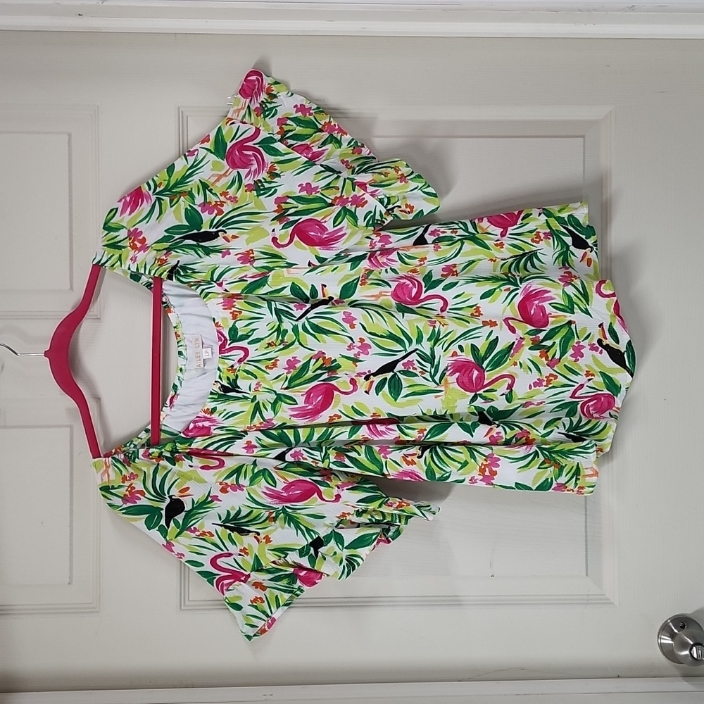 Floral Flutter Sleeve Women's Top - White with Pink & Green